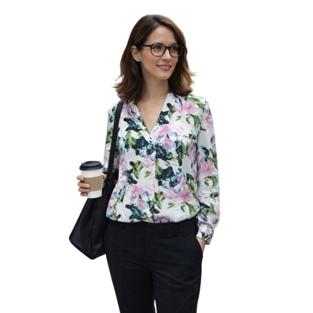 Vince Camuto Womens Pink Green Floral V-Neck Long Sleeve Blouse Size S